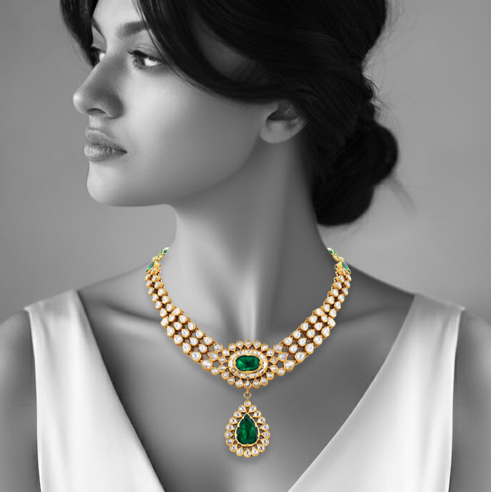 Pear Polki Necklace with Emerald Drop